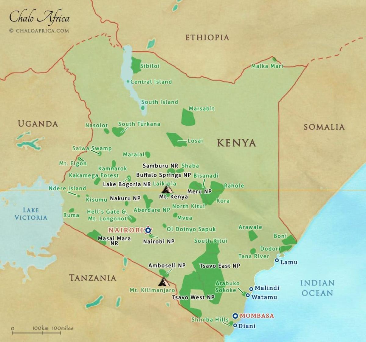 kaart Keenia rahvusparkides ja reservid